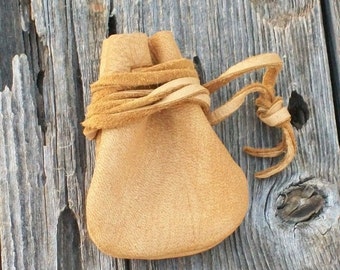 Leather medicine bag , Leather necklace bag, Leather crystal bag, Drawstring neck bag . Leather neck pouch