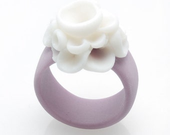 Porcelain Flower Cocktail Ring Purple White Hypoallergenic Ring - Baja