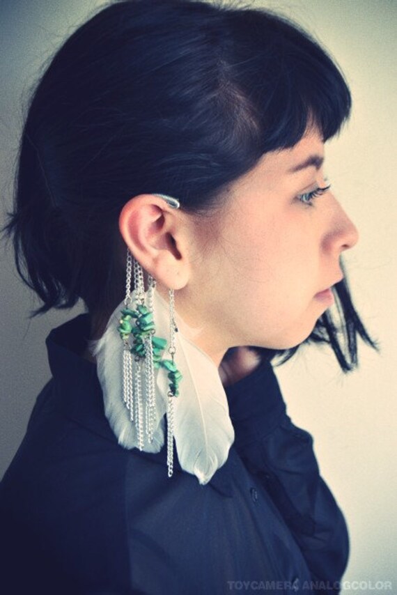 Items similar to Turquoise Beaded White Feather Ear Cuff on Etsy