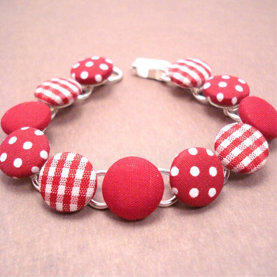 Fabric Covered Button Bracelet Red and White Solid Polka