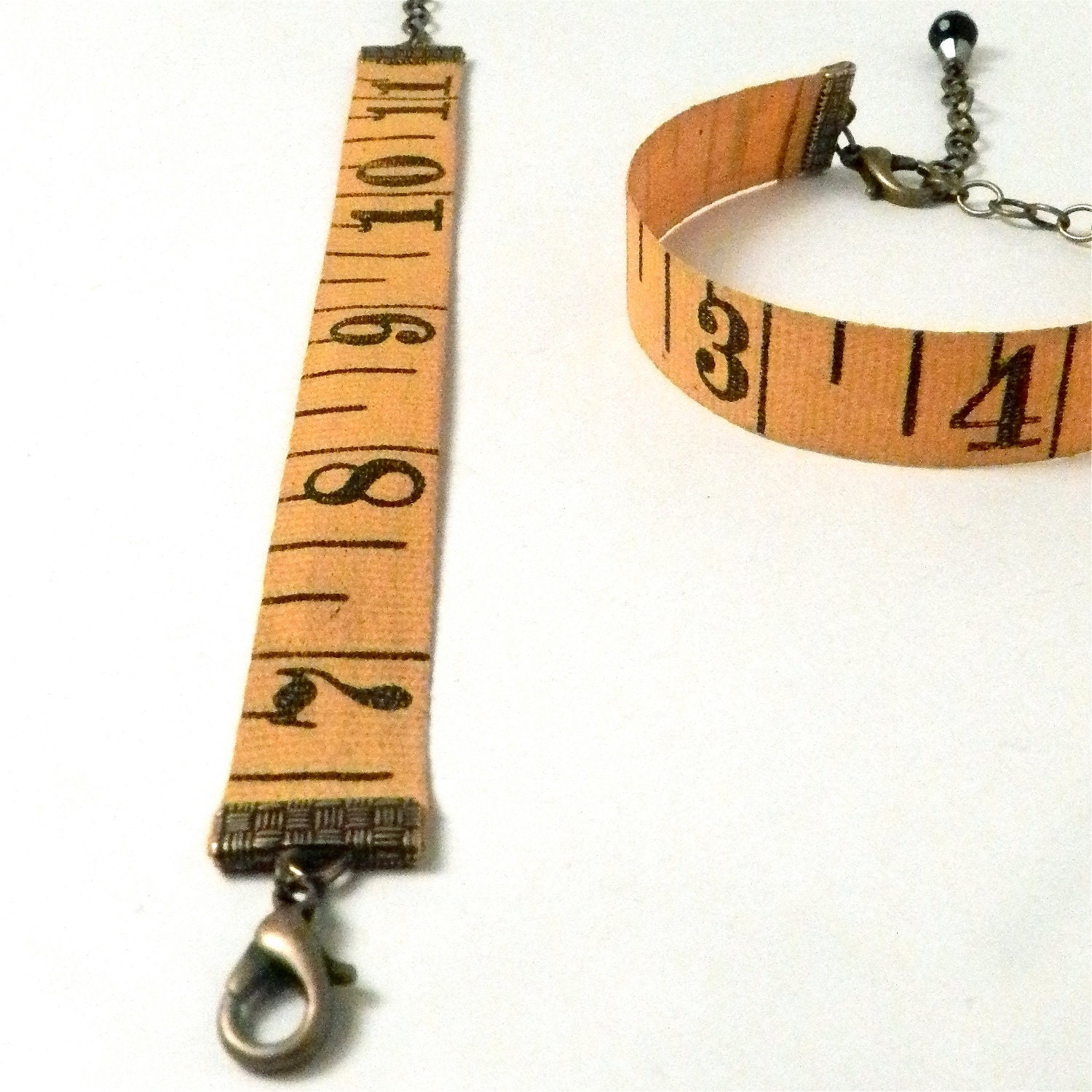 Yellow & Black Vintage Measuring Tape Bracelet Antique Brass