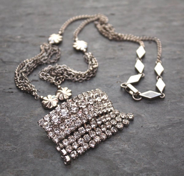 Antique Silver Necklace with Huge Vintage Rhinestone by BevaStyles