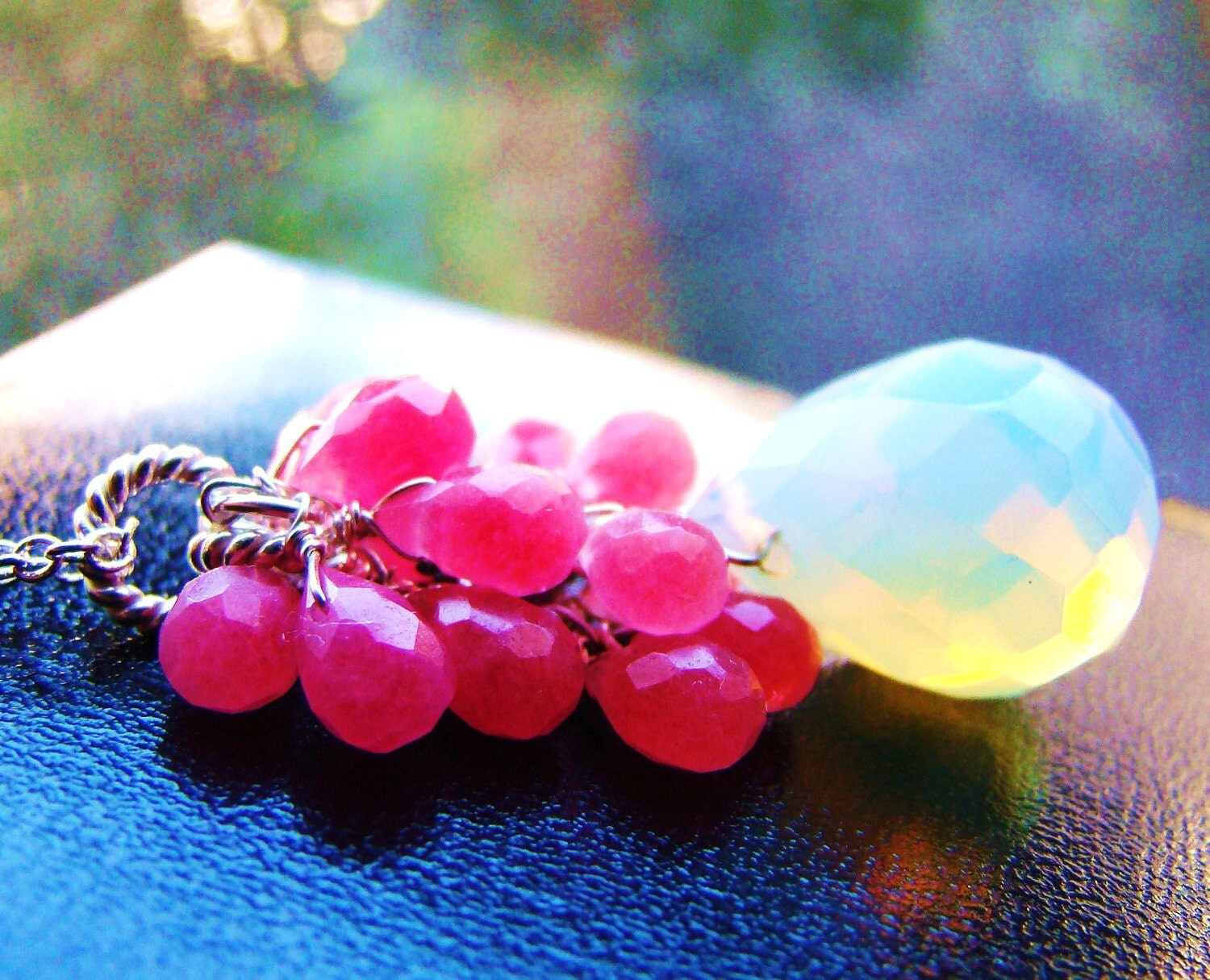 Opaline Moonstone Fuchsia Jade Necklace. Sterling silver or