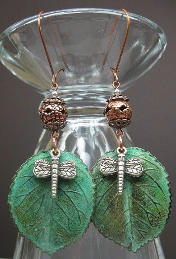COPPER / VERDIGRIS GREEN Leaves Drop / Dangle Earrings