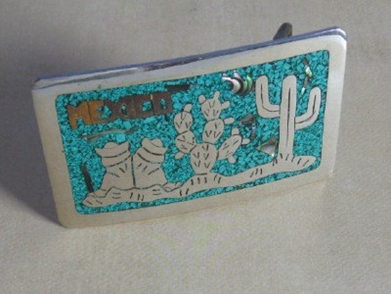 Vintage Mexican Silver Belt Buckle with Turquoise