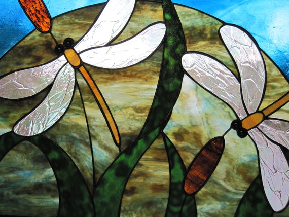 Items similar to Stained Glass Double Dragonfly and Cattail Panel on Etsy