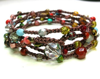 Colorful crochet wrap bracelet Bohemian crochet jewelry long