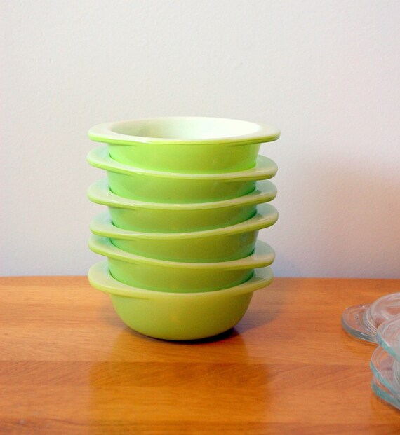 Three 8 oz Lime Green Pyrex Individual Casseroles Ramekins