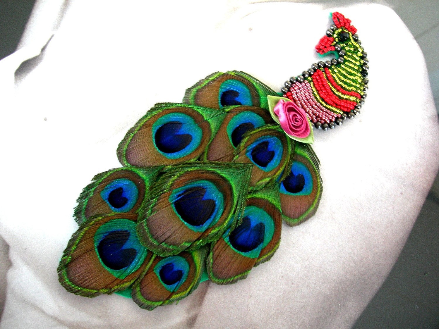 Felt Peacock Feathers Beads Brooch Pretty Peacock