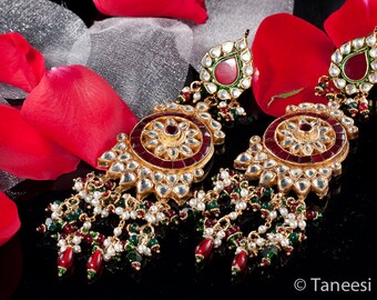 Chandelier Earrings Red White Kundan , 22K Gold plated Earrings, Indian Kundan Jewelry by Taneesi