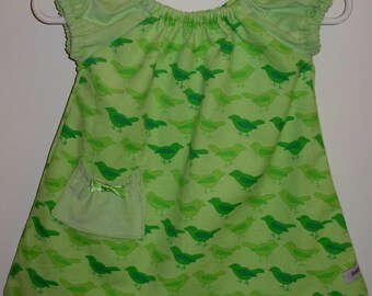 Corduroy Baby Dress Peasant Style with Pocket (Birds in Green)-Size 3-6 mos.