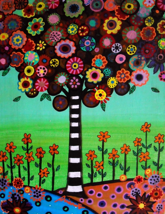 Items similar to Mexican Tree of Life Happy Folk Art Flowers Blooms ...