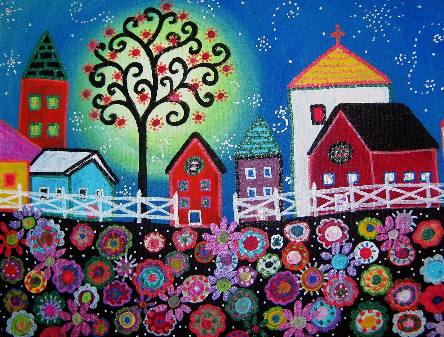 Mexican Town Flower Tree Barn Houses Folk Art Painting PRINT