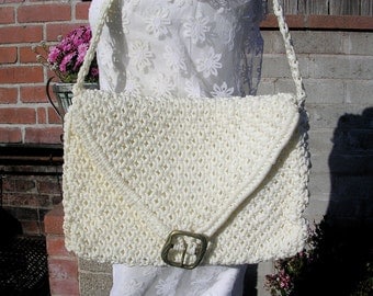 White Purse 70s Macrame Envelope Shoulder Bag iPad Bag Eggshell Brass Buckle