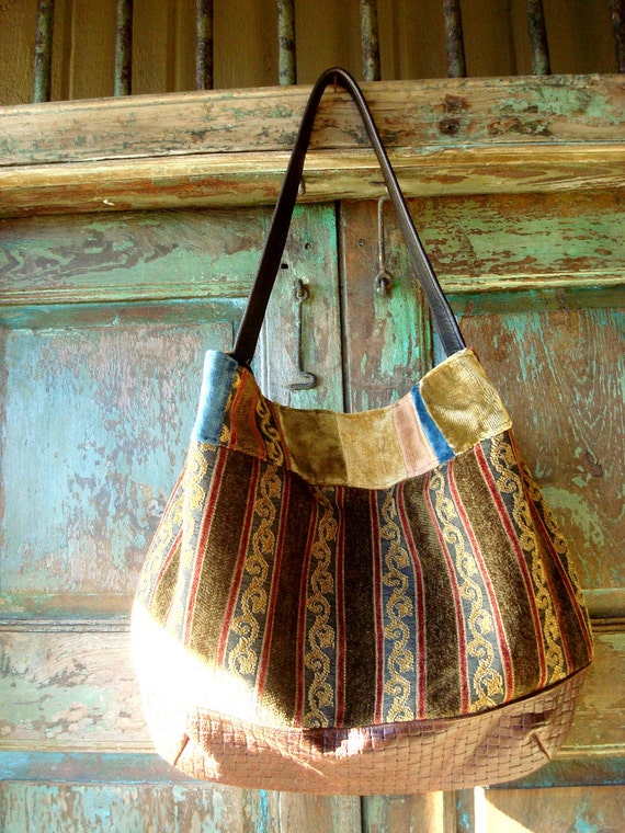 Woven Brown Leather and Tapestry Inspired Hobo