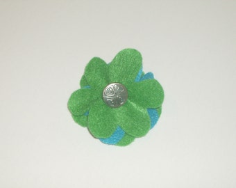 SALE: Green & blue layered felt flower pin brooch with vintage silver button