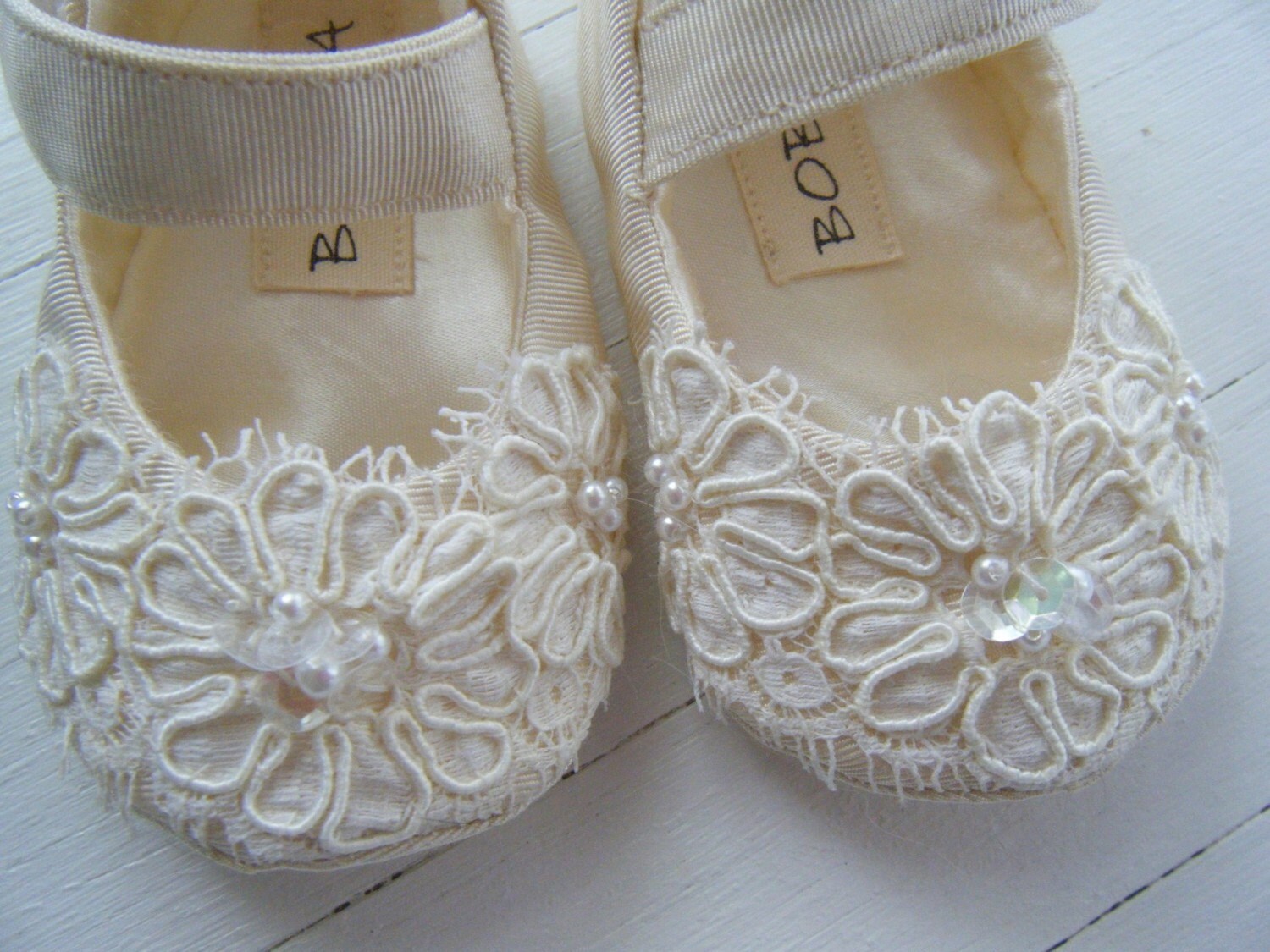 Ivory Christening Shoes With Vintage Bridal Lace by BobkaBaby