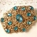RESERVED Vintage Hair Comb, Aqua Turquoise Blue Rhinestone Gold Filigree Bridal Hair Comb, 22K Gold Plated Heirloom Brooch to OOAK Comb