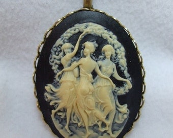 Vintage Cameo Pendant Mythological Three Graces Carved Lucite Necklace Reproduction