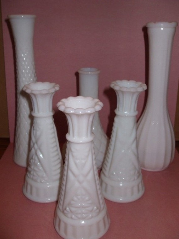 Vintage Milk Glass White Bud Vases Set Of 6 5646