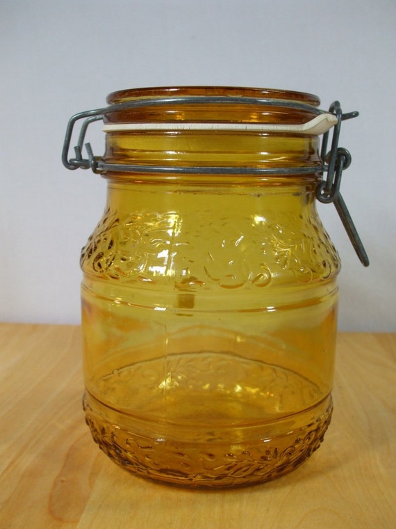 Vintage Amber Mason Jar Signed Floral made in Italy