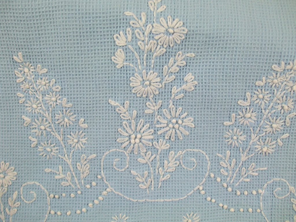 Vintage Blue Embroidered Table Runner or Dresser Scarf