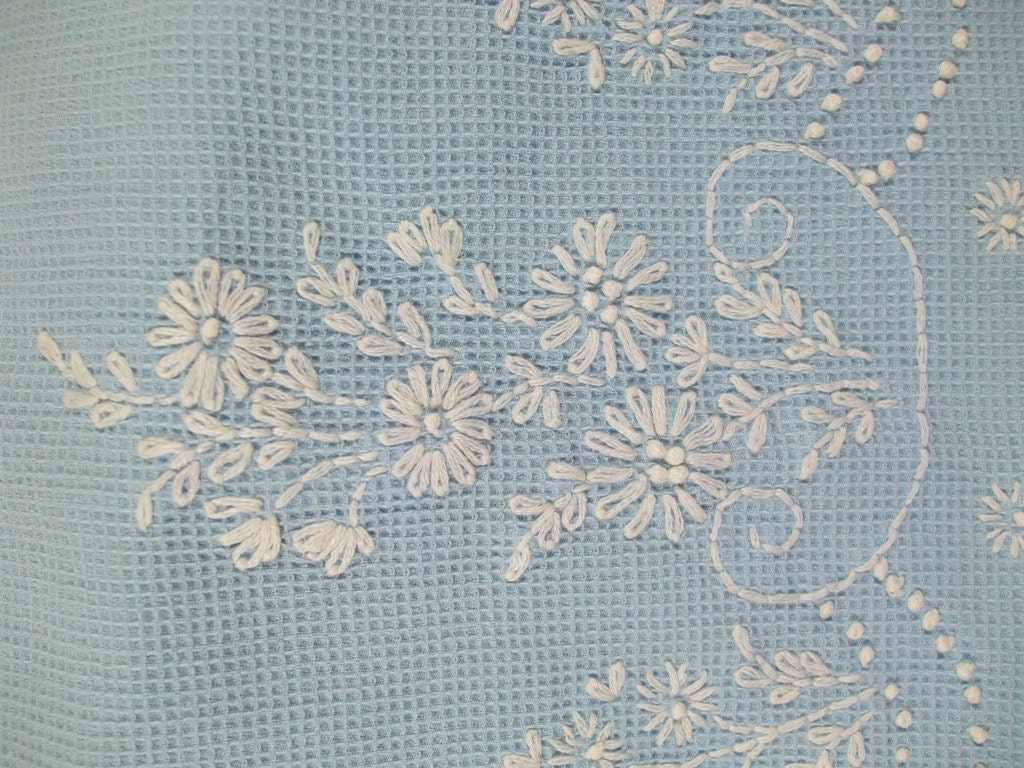 Vintage Blue Embroidered Table Runner or Dresser Scarf