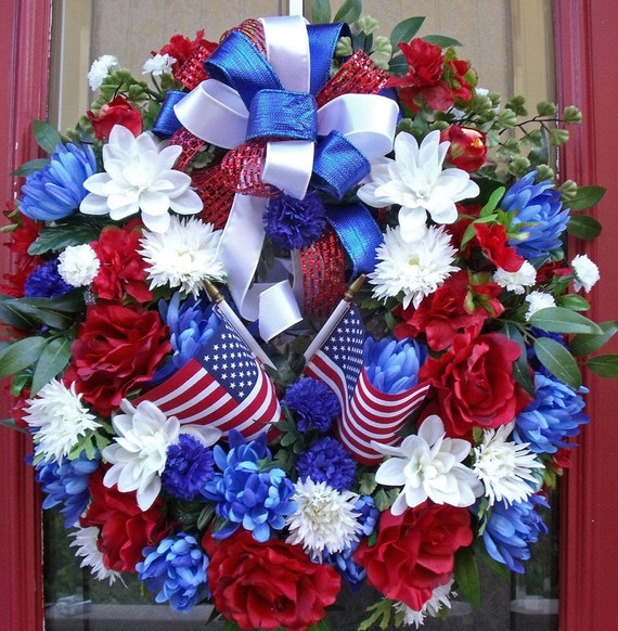 Patriotic Double Flag Door Wreath Blue Red White