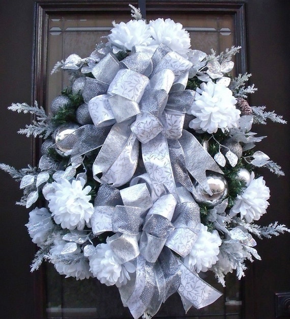 White Christmas Wreath Door Shimmering Silver by LuxeWreaths