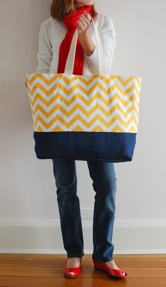 EXTRA Large Beach Bag // Tote in Chevron Yellow