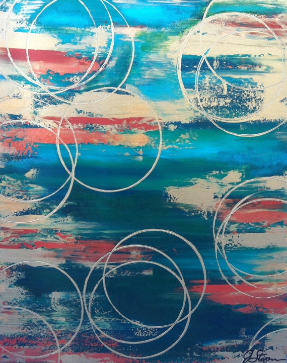 Large Art Abstract Painting turquoise and gold modern art.