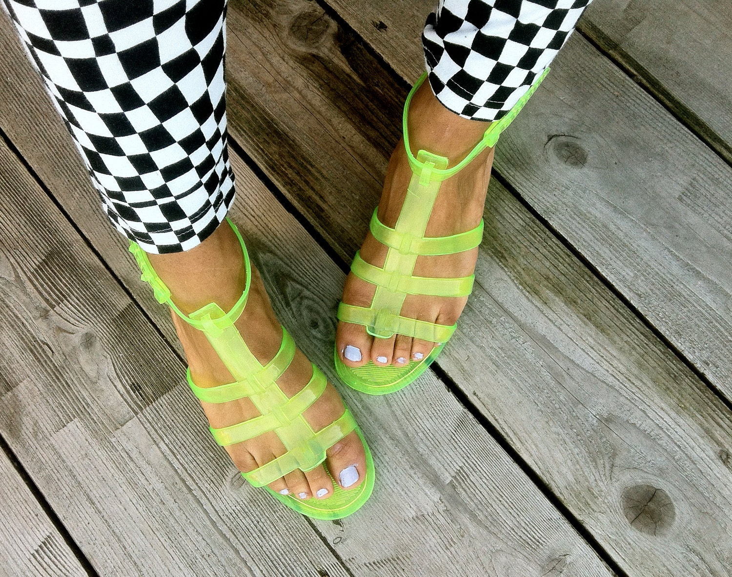 90's Neon Green Jelly Gladiator Sandals 7.5 by KlubKidVintage