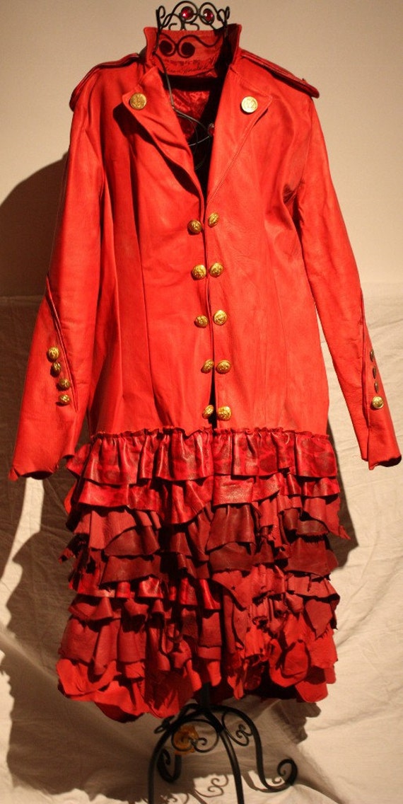 showdiva designs Ready to Ship Leather Military Coat Asymmetrical Ruffles Hints of Leopard by showdiva steampunk buy now online