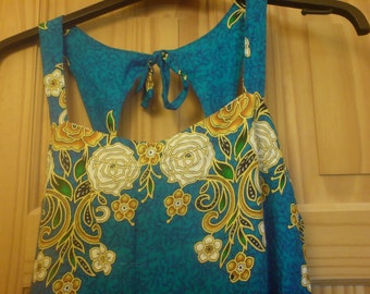 Sale Vintage 70s Blue Floral Cut Out Batik Maxi Dress Hippie Boho