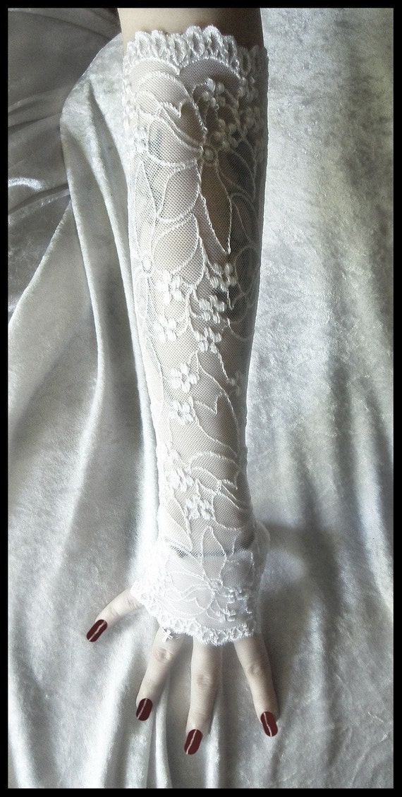 Vivianne Extra Long Arm Warmers White Lace w/ Embroidered