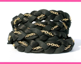 Leather Wrap Bracelet Deerskin Black Gold Chain, Fits all wrist sizes