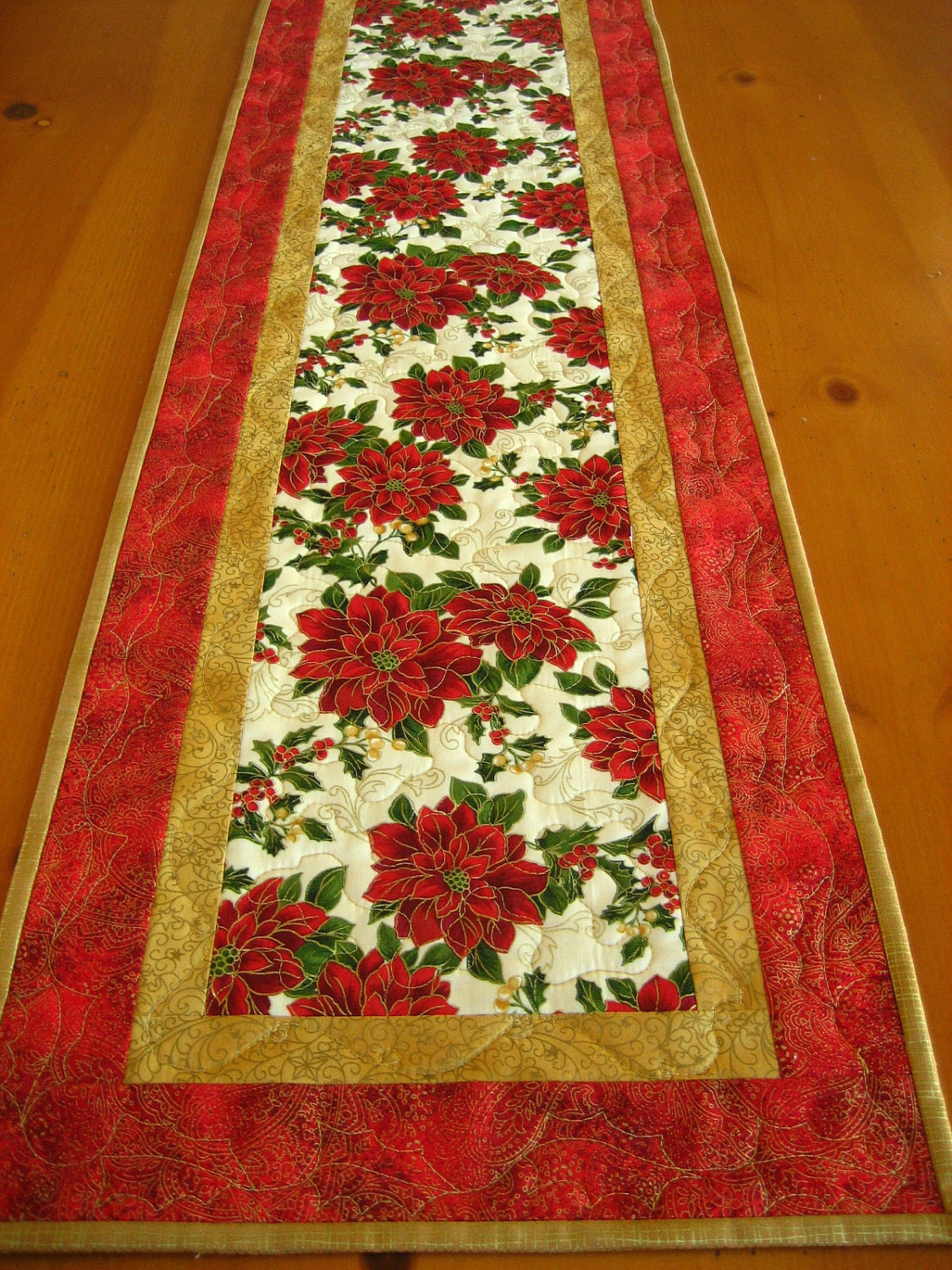 Poinsettia and Holly Quilted Table Runner