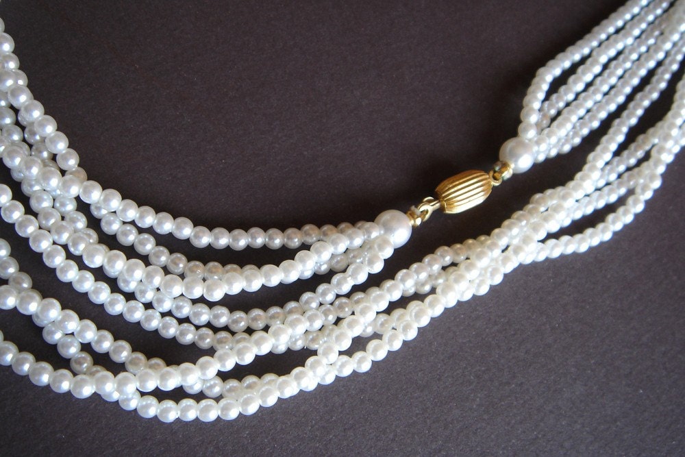 Multi Strand Seed Pearl Necklace with Gold Tone Bead Clasp