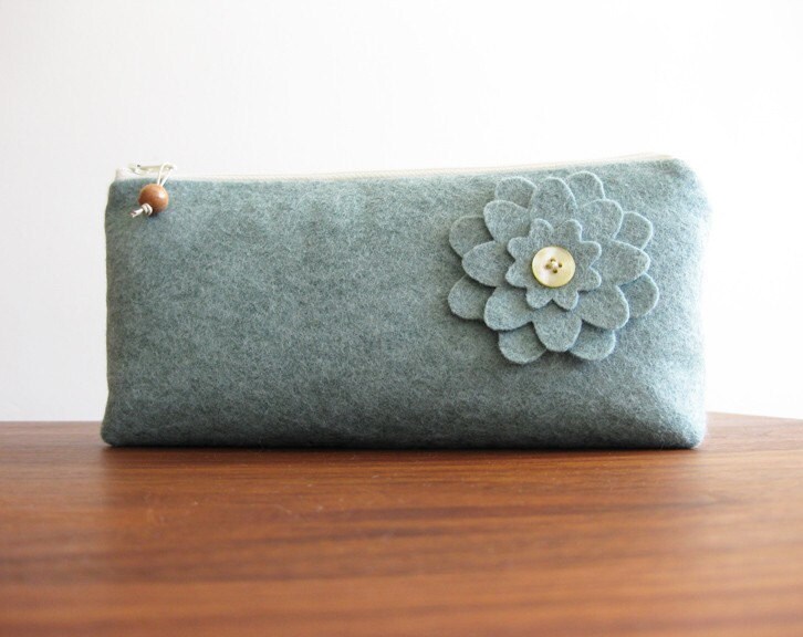 Clutch zipper purse wool felt pacific blue with flower