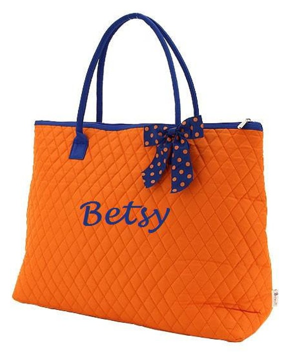 Personalized Bag Orange and Royal Blue Quilted Tote Bag