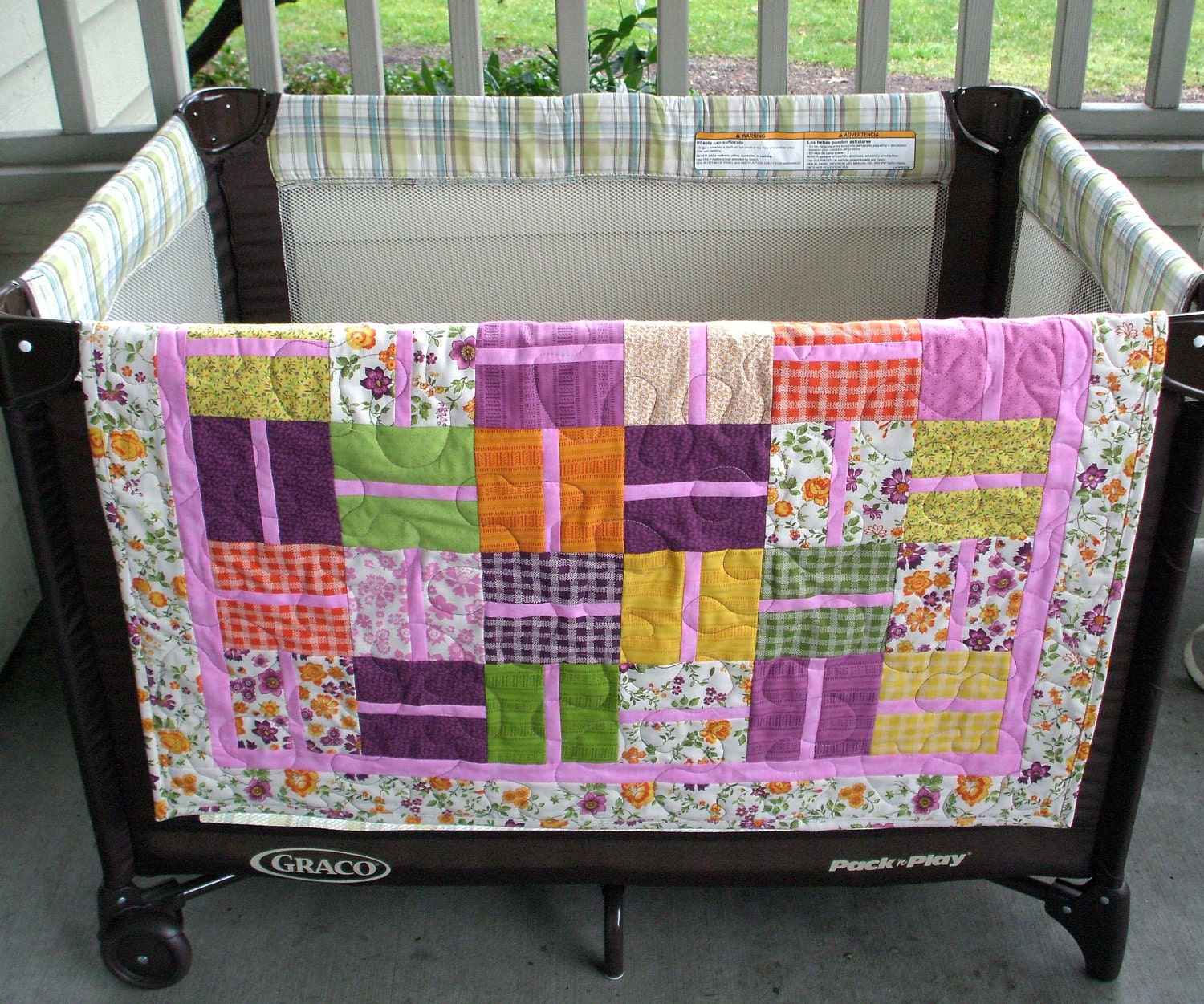 Quilt Floral Print In Pink Plum Lime Green Yellow and