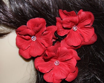 3 Red Flowers on Heavy Weight Bobby Pins - Handmade Hair Flower