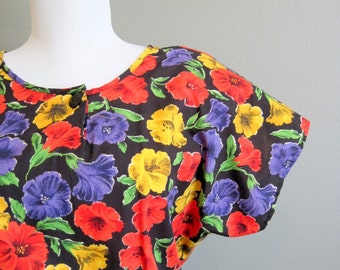 Dolman Floral Blouse Vintage Shirt 1980s Medium Large