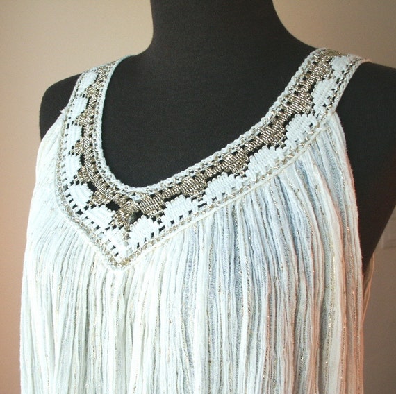 GREEK GODDESS White Gauze Summer Dress Metallic Gold Trim