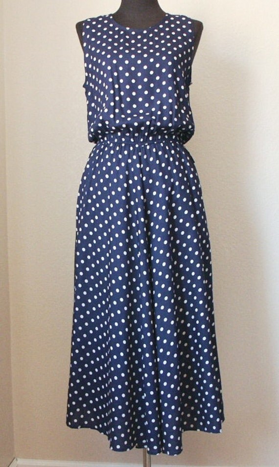 Vintage 80's Does 50's Dress Navy Blue with White