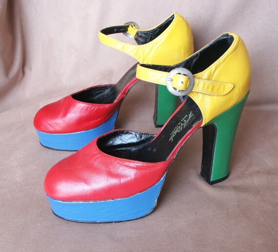 Vintage 70�s Platform Shoes Color Block Bright Red