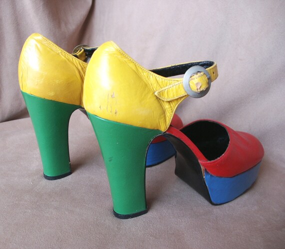 Vintage 70�s Platform Shoes Color Block Bright Red