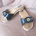 Vintage 70's Dr. Scholl Sandals, Size 9, Navy Blue Leather, Wood Sole