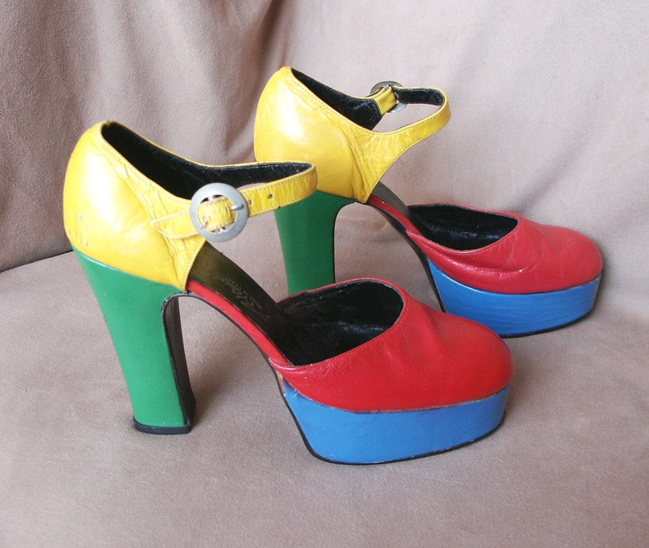 Vintage 70�s Platform Shoes Color Block Bright Red