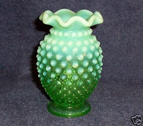 FENTON GREEN OPALESCENT HOBNAIL BUD VASE